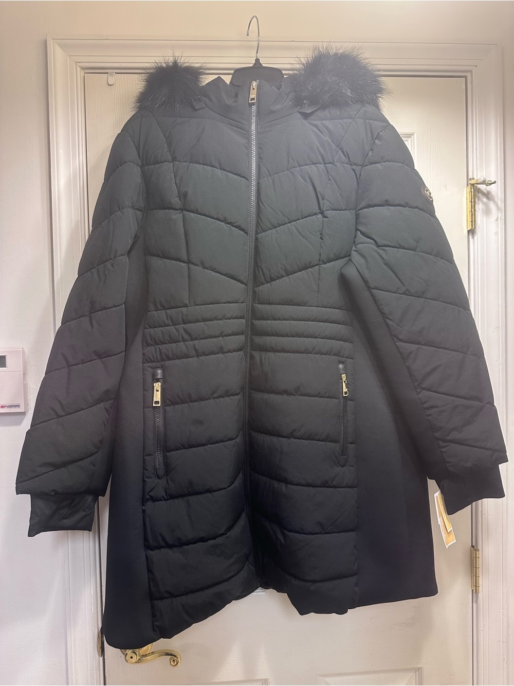 Michael Kors Black Quilted Hooded Puffer Coat with Faux Fur Trim